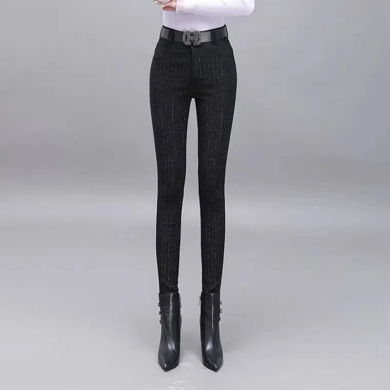 Korean Fashion Autumn Winter High Waist Thicken Pencil Pants Women Solid Diamonds Streetwear Casual Straight Slim Black Trousers