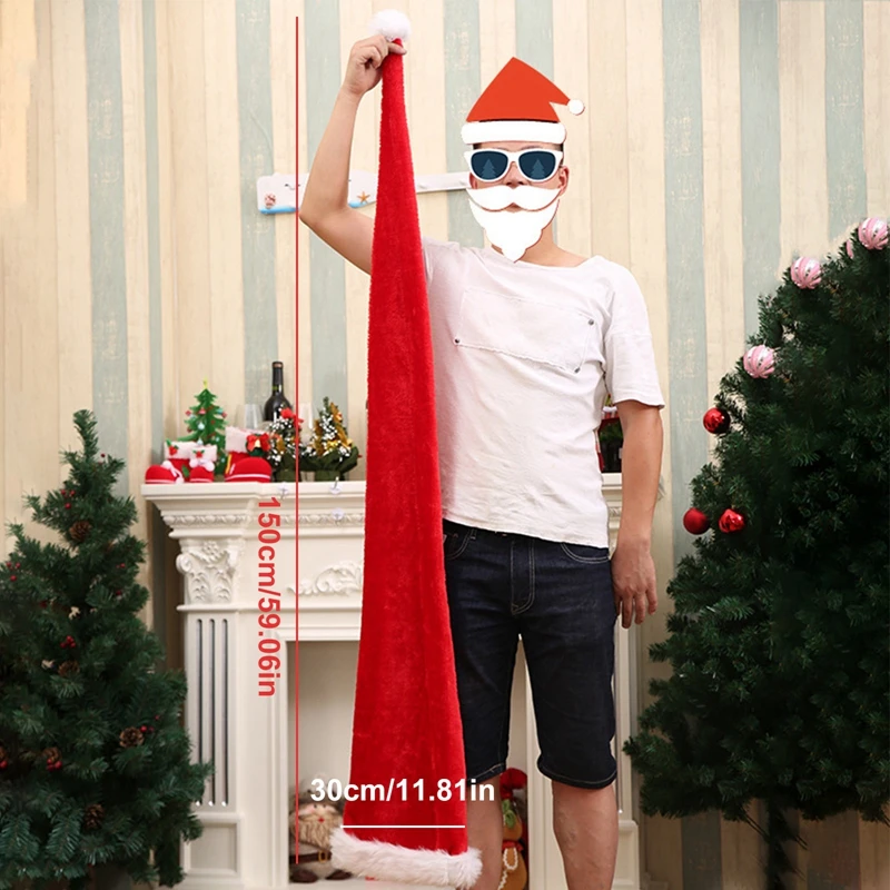 Super Long 155cm Funny New Year Christmas Hat Red Plush Santa Hats for Adult Christmas Caps Festive Xmas Party Decorations Gifts