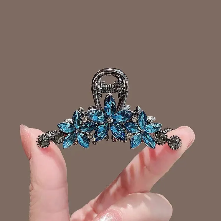 Blue Crystal Flower Hair Clip, Alloy Shark Clip, Medium Half-up Hair Claw for Women's Hair Accessories