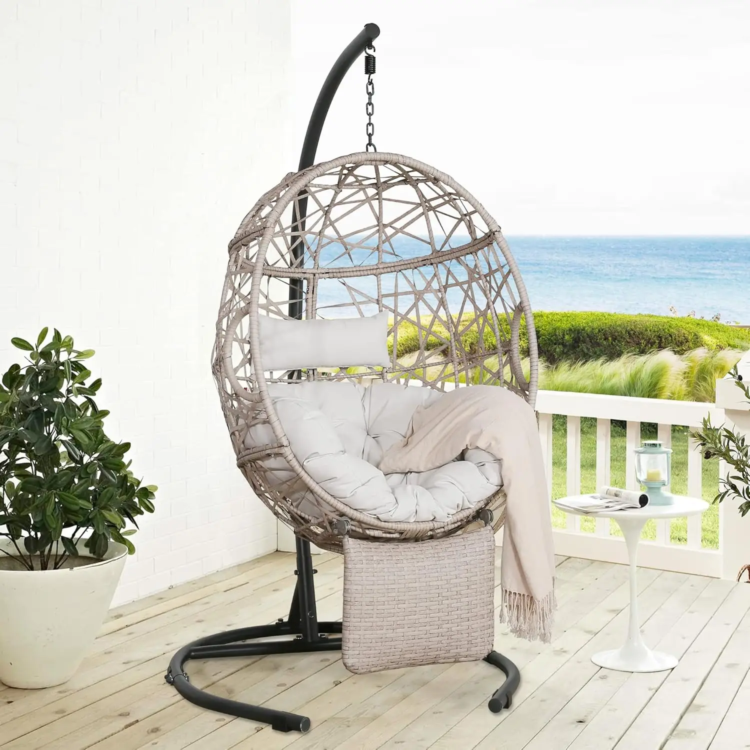 Egg Chair - Outdoor/Indoor Wicker Hanging Basket Swing Chair with Cushion, Stand, and Adjustable Footrest (Beige)