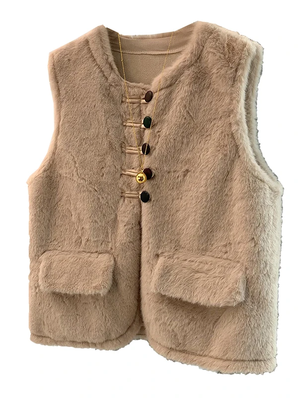 

Корейский жилет из мягкого искусственного меха, верхняя одежда, женский осенне-зимний теплый топ из кожи и меха на пуговицах в стиле ретро