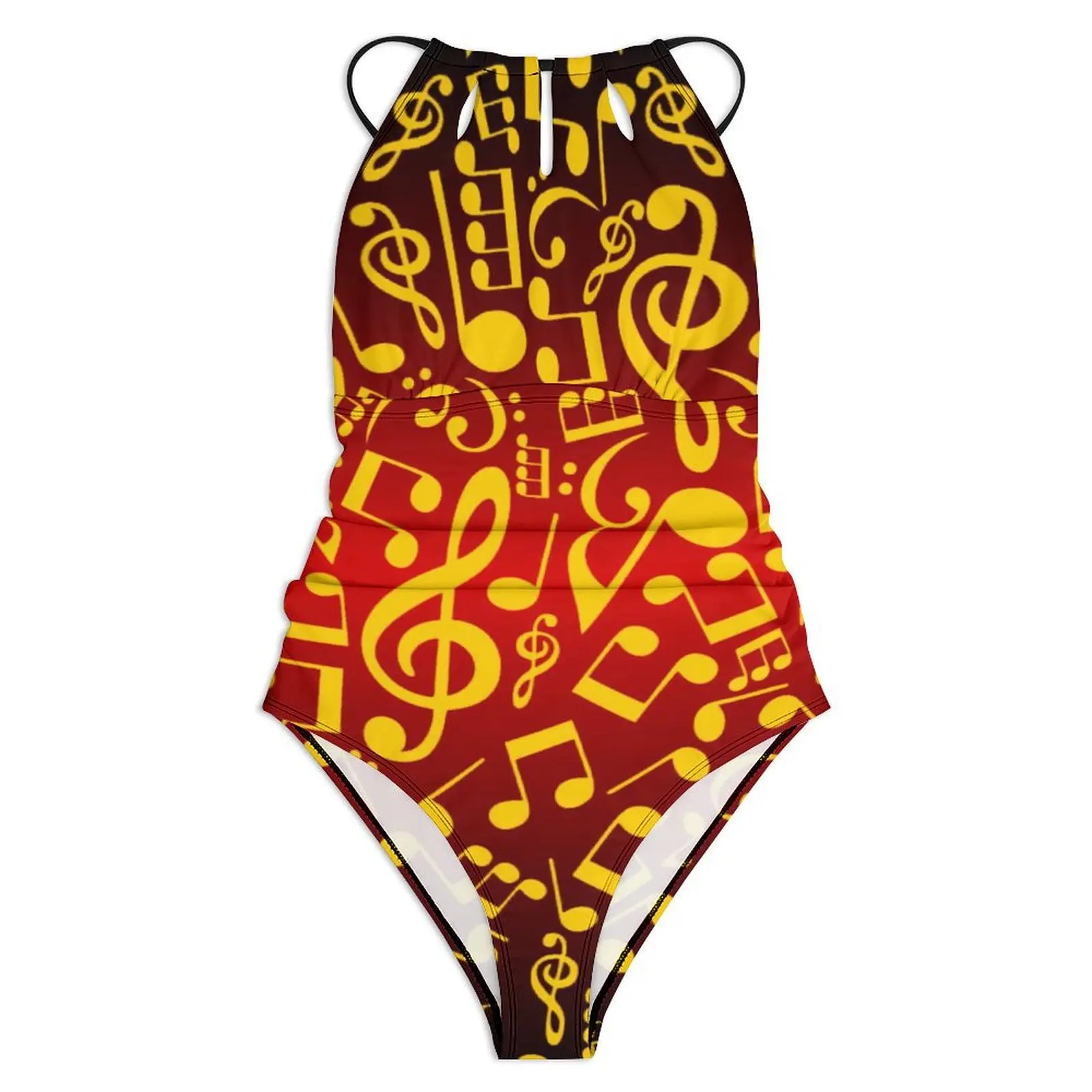 Music Notes Swimsuit Red and Gold Swimwear One Piece Fitness Design Bodysuit Halter Monokini Women Push Up Sexy Beachwear Gift