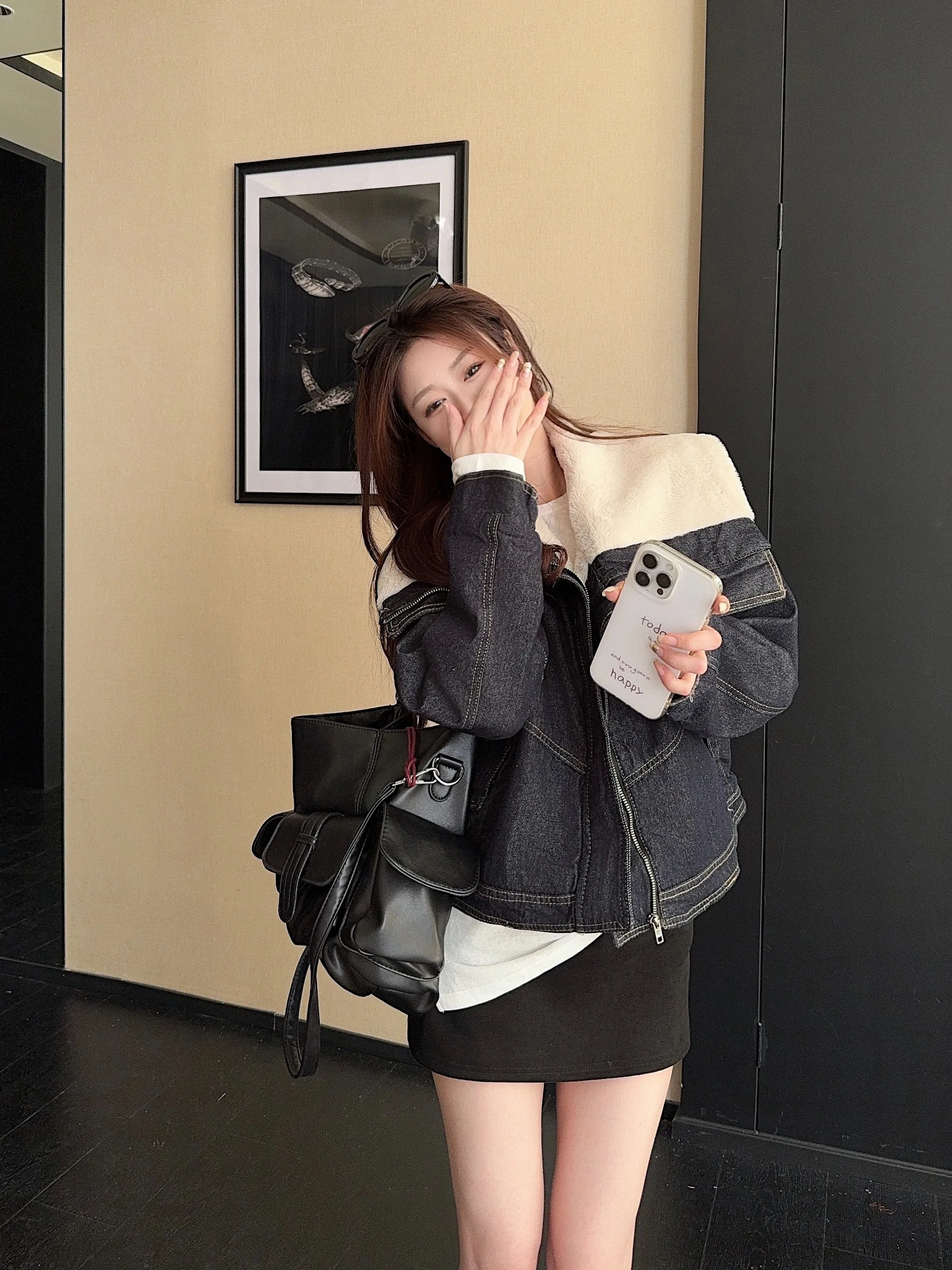 

Denim Coat Long Sleeve Woman Fur Plush Womens Transition Season Slim Fit Sweet Girl Ins Trend Modern Professional Anti-Wrinkle