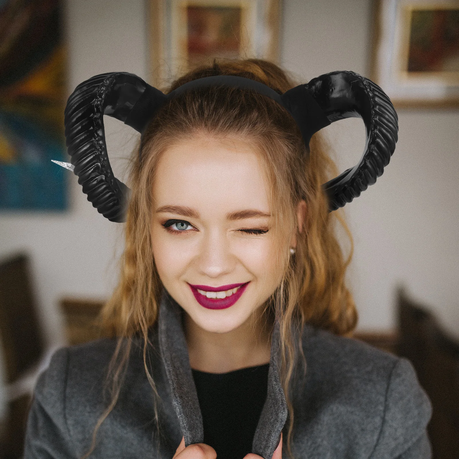 뿔 머리띠 검은 단일 양 뿔 헤어 액세서리 여성 머리 장식 코스프레 의상 파티 용품 성인