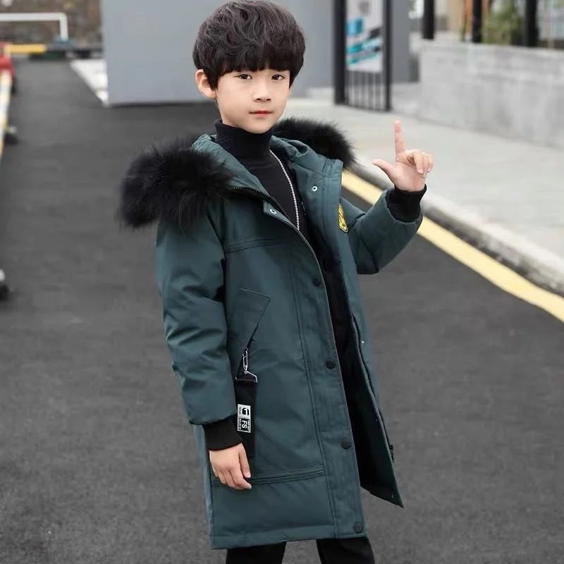 New Winter Thick Hooded Jacket Boys Fur Collar Parka Snowsuit Coats Mid-Length Warm Cold Protection Down Cotton Clothes