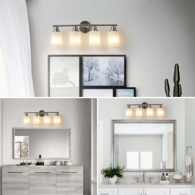 Exquisite Brushed Nickel 4-Light Vanity Wall Sconce Frosted Glass Shade Bathroom Hallway Fixture