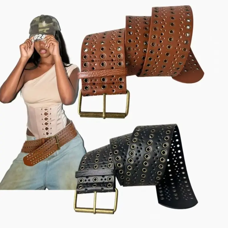 Statement Wide Belt, Punk Rivet Adjustable Cincher | No-Tool Heavy Duty Strap for Hip-Hop & Y2K Style
