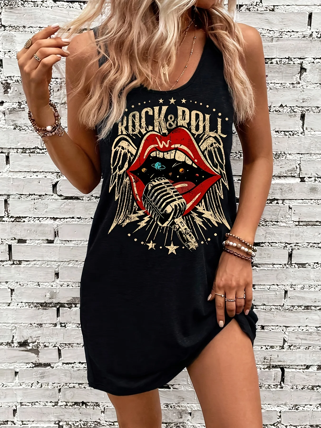 Women's Black Sleep Tank Dress Red Lips Women's Black Tank Top Dress Summer Sleeveless Loose and Comfortable Soft Vacation Punk