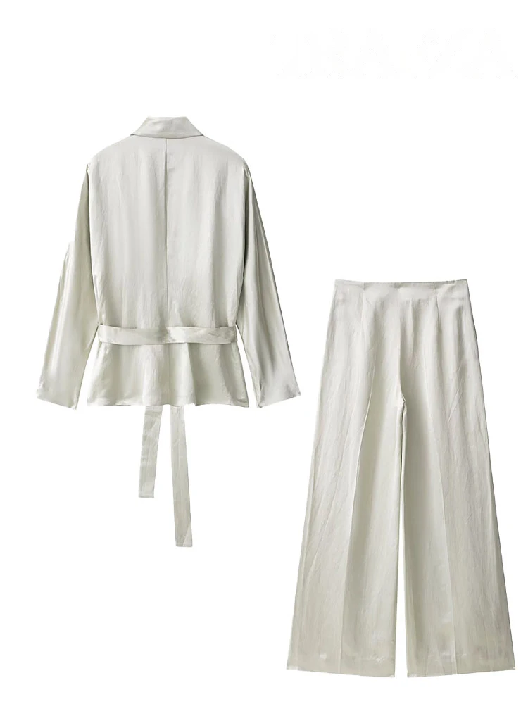 여성용 긴 바지 세트 턴다운 칼라 긴 소매 코트+하이웨이스트 지퍼 바지 여성 가을 패션 레이스업 수트