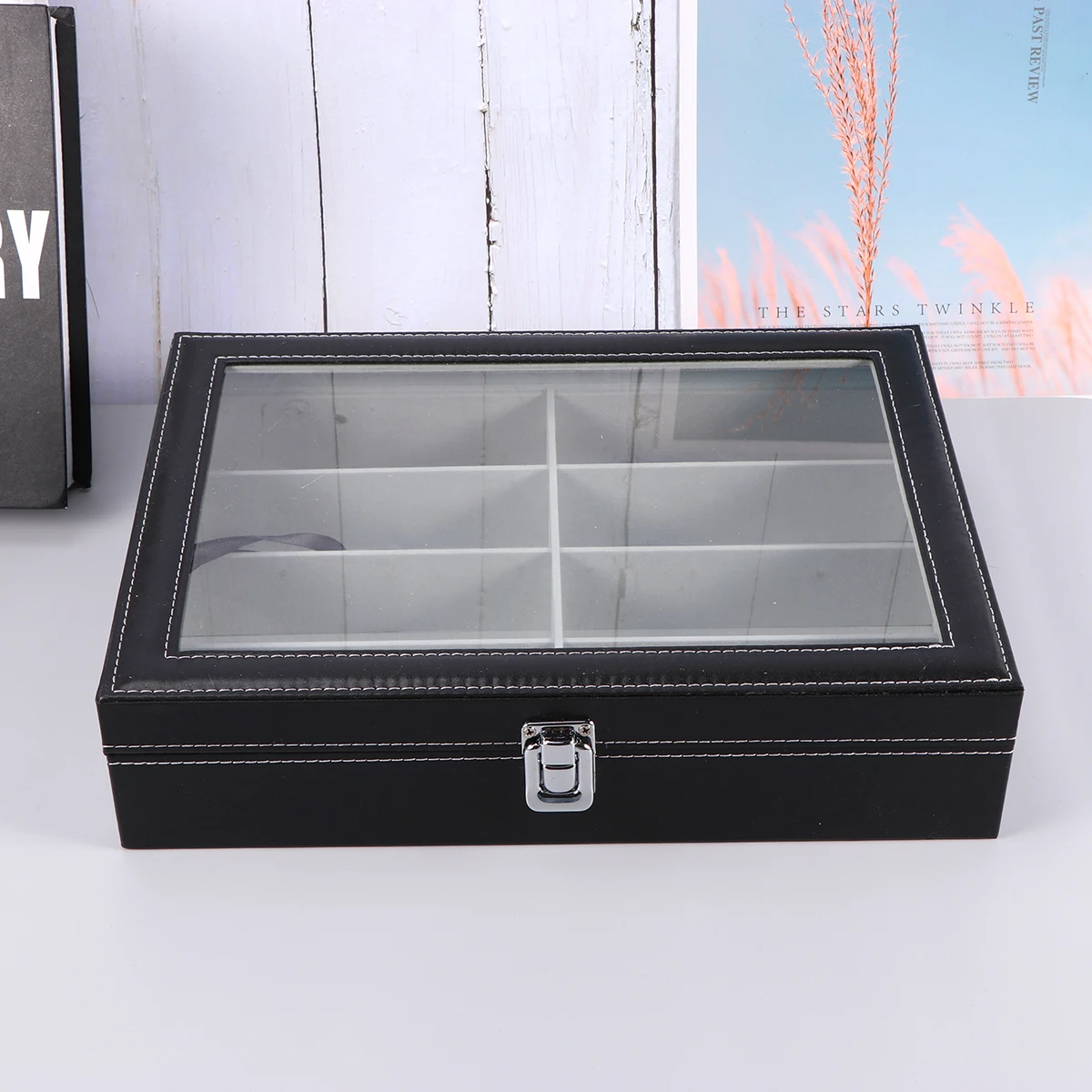 

1pc Sunglasses Storage Case Display Holder Organizer Tray Gray Inner Cloth 8 Grids Built-In Mirror High Quality Eyewear