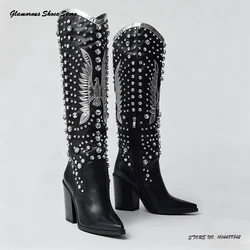 Eagle Embroidery Crystal Knee-high Boots Women\'s Pointed Toe Wedges Modern Boots Fashion Street Style Party Wedding Dress Boots