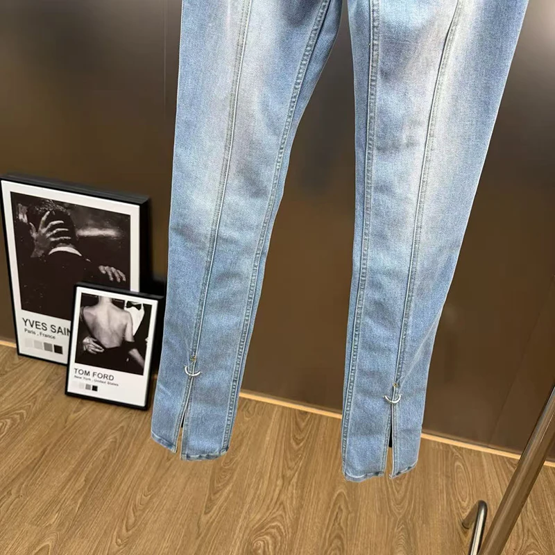 KBQ Lower Fork Iron Ring Installation Slimming Jeans for Women High Waist Temperament Patchwork Pockets Chic Pant Female Style