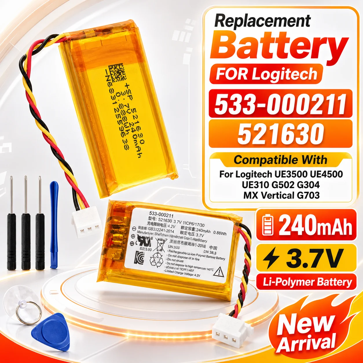Premium Replacement Battery 533-000211 521630 240mAh For Logitech G PRO X G304 G502 G703 MX Vertical With Tool Kit