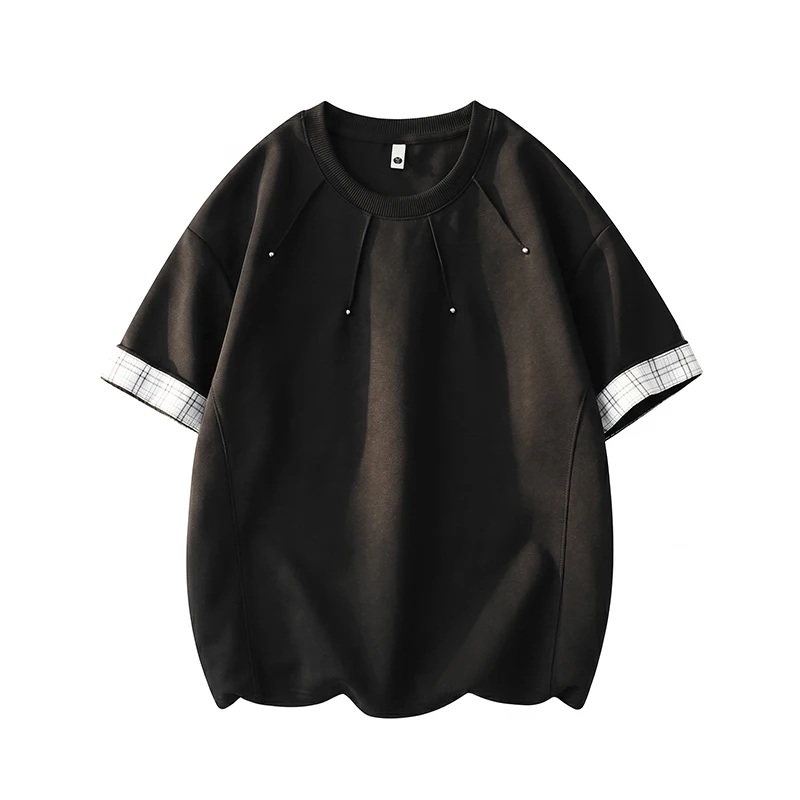 Men's Loose Fit  Colour Blocked Checked Cuff Studded Round Neck Korean Style Casual Streetwear Preppy Short Sleeved T Shirt