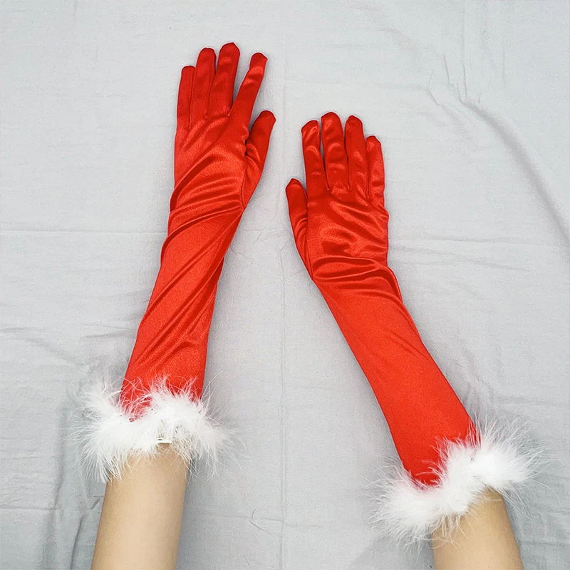 

Christmas Party Red Velvet White Plush Long Gloves Cosplay Costume Stage Perform Photography Prop Women Christmas Accessories