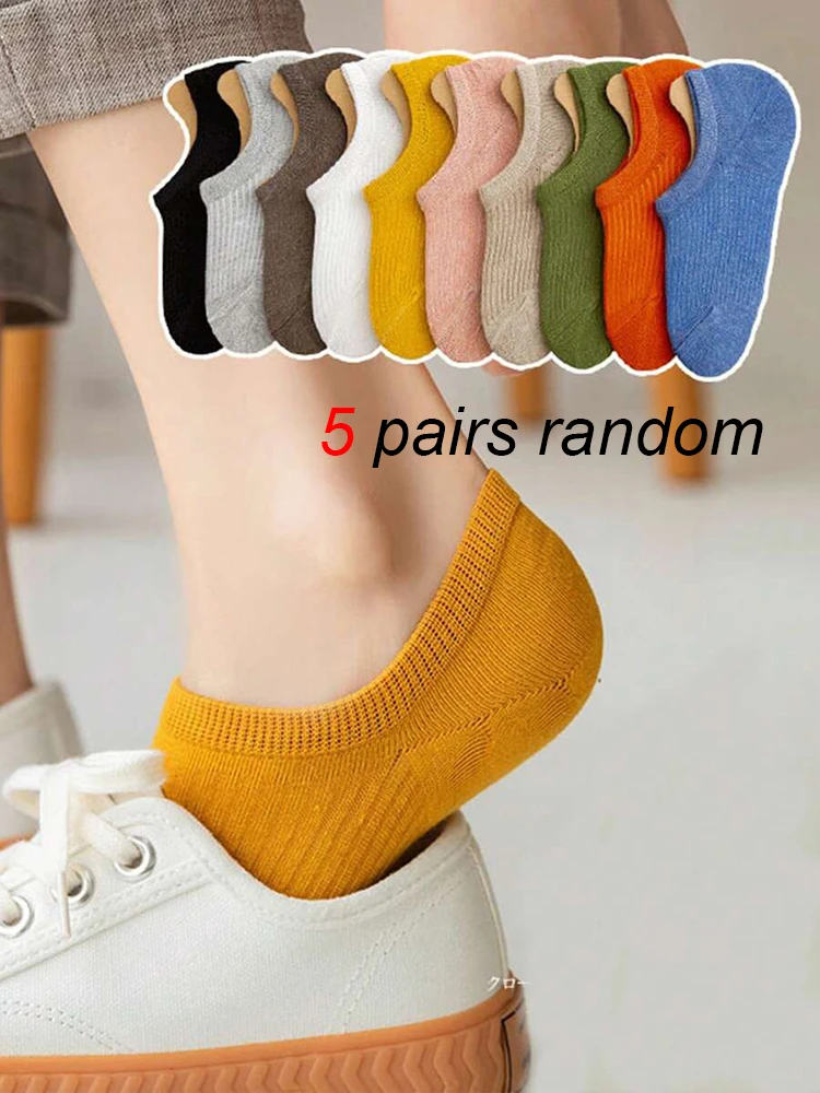 Random 5 Pairs Women Striped Boat Socks Anti Slip Low Cut Invisible Thin Suitable Wearing Summer Spring Breathable Casual Socks