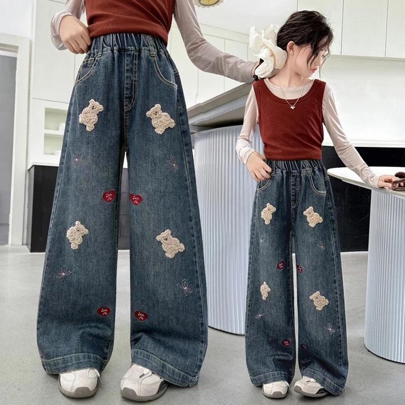 Spring Autumn New Girls Jeans Cartoon Bear Embroidery Wide-leg Denim Pants For 5 6 8 10 12 14 Years Teen Girls Fashion Trousers