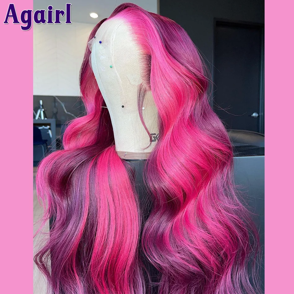 Agairl-Lace Frontal Cabelo Humano Perucas, Onda Do Corpo Peruca, Transparente Lace Encerramento Peruca, Rosa Rosa Roxo Colorido, 13x6, 5X5