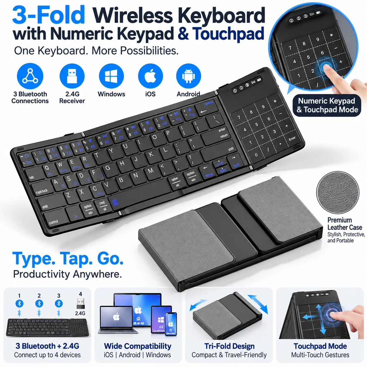 Three-Foldable Bluetooth Wireless Keyboard, Ultra-thin Touchpad Bluetooth Keyboard, Rechargeable Foldable Keyboard, Suitable