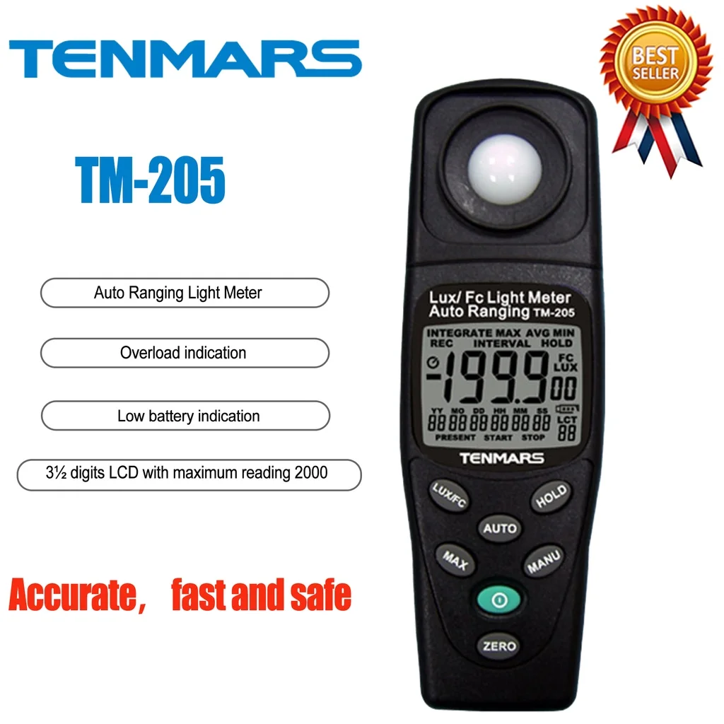 TENMARS  TM-205 Auto Ranging Light Meter Cosine Angular Corrected.3 Digits LCD with Maximum Reading 2000.