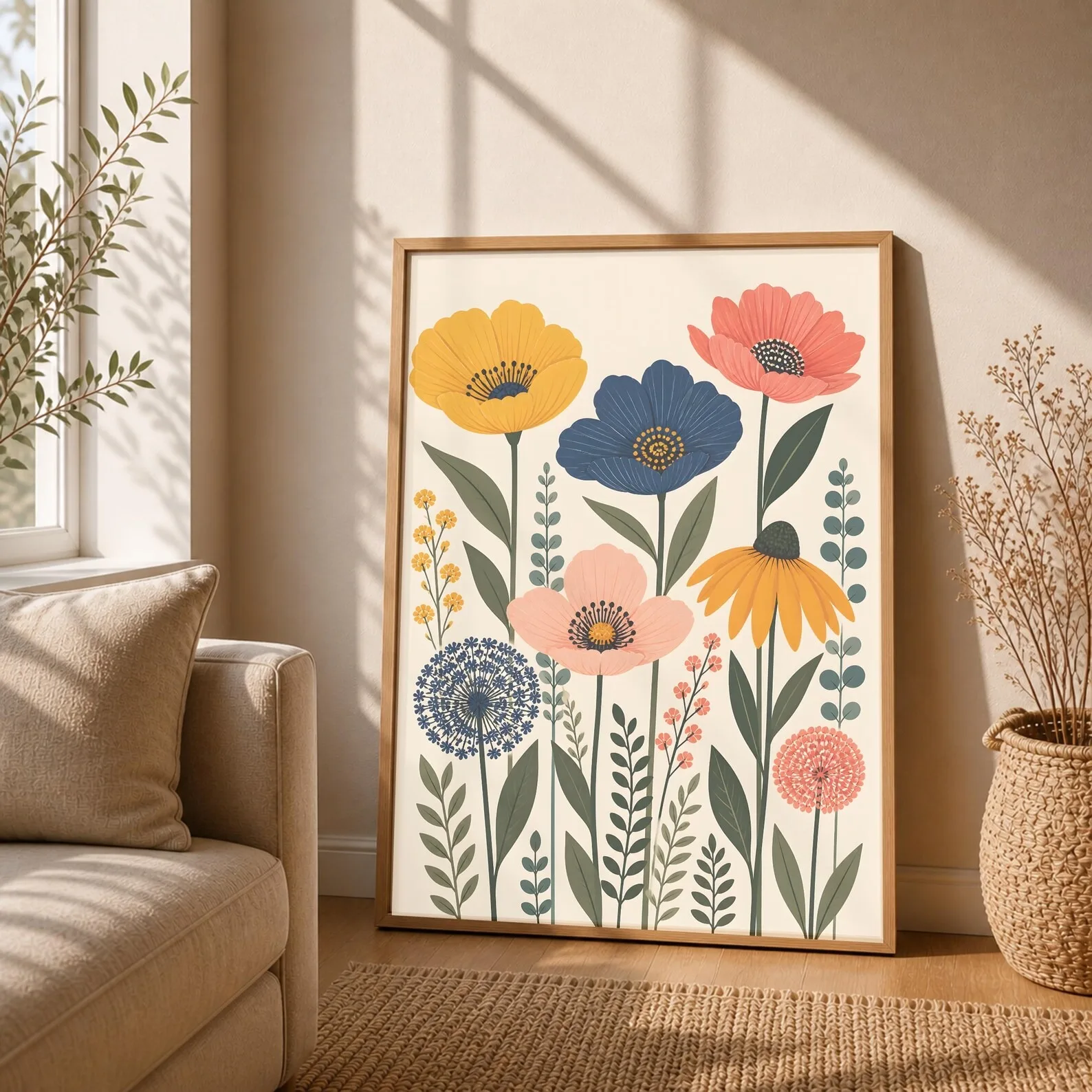 Mid Century Floral Wall Art Prints Set Retro Wildflower Botanical Folk Art Canvas Posters Colorful Vintage Flower Home Decor