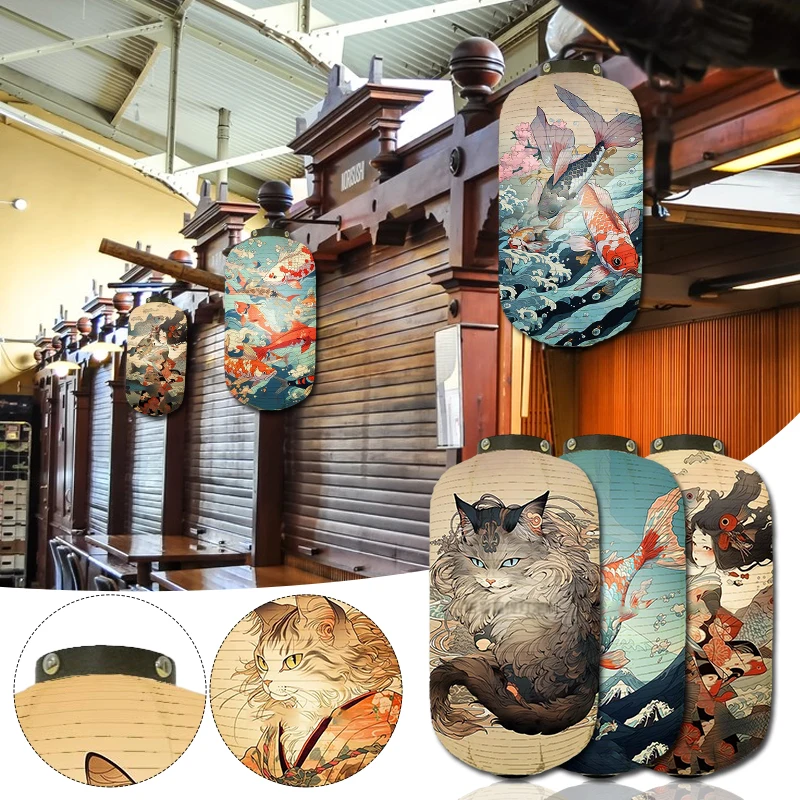 Large Size Japanese Lantern Ukiyo-e Style Samurai Cat Pattern Lantern Izakaya Pub Restaurant Decor Festival Party Hangings Decor