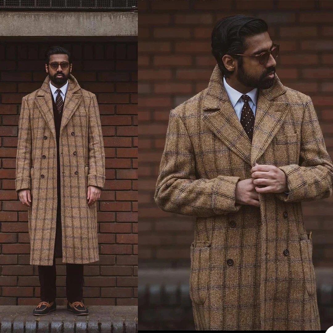 เสื้อโค้ทผู้ชายผ้าลายสก็อตแบบชิ้นเดียว แจ็คเก็ตโอเวอร์โค้ทสำหรับฤดูหนาว อุ่นสบาย ติดกระดุม แฟชั่นสำหรับงานแต่งงาน เจ้าบ่าว สั่งตัดได้