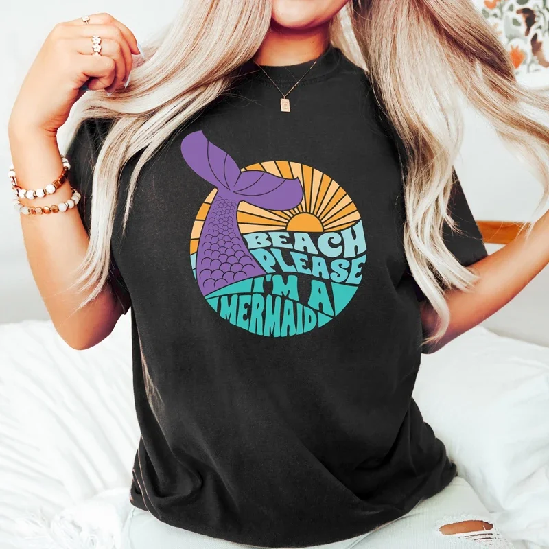 

Beach Please I'm A Mermaid T Shirt Aesthetic Mermaid Girl Party Gift Tshirt Cute Women Summer Vacation Tees Tops