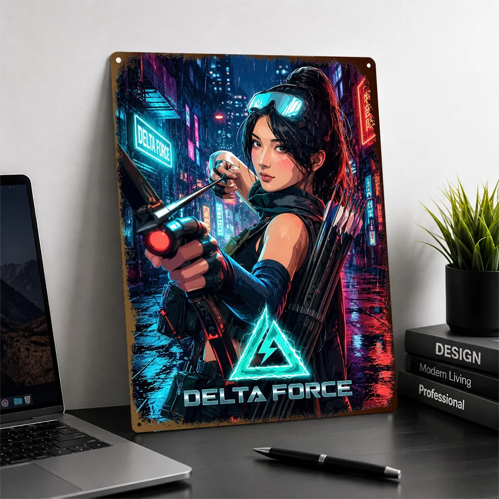 Delta Force Cyberpunk Operative Printed Poster Customized Metal Sign Battlefield Squad Design Wall Art For Collector Den Decor
