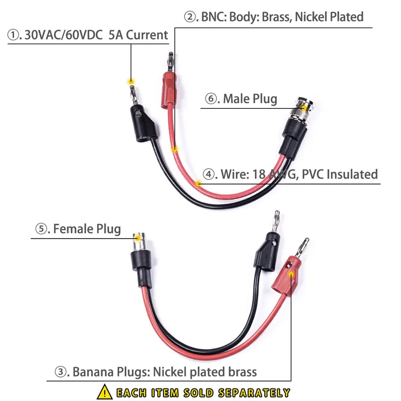 BNC male or BNC female test lead set, oscilloscope probe, crocodile clip, mini test clip, cable to lead, flat ear connector