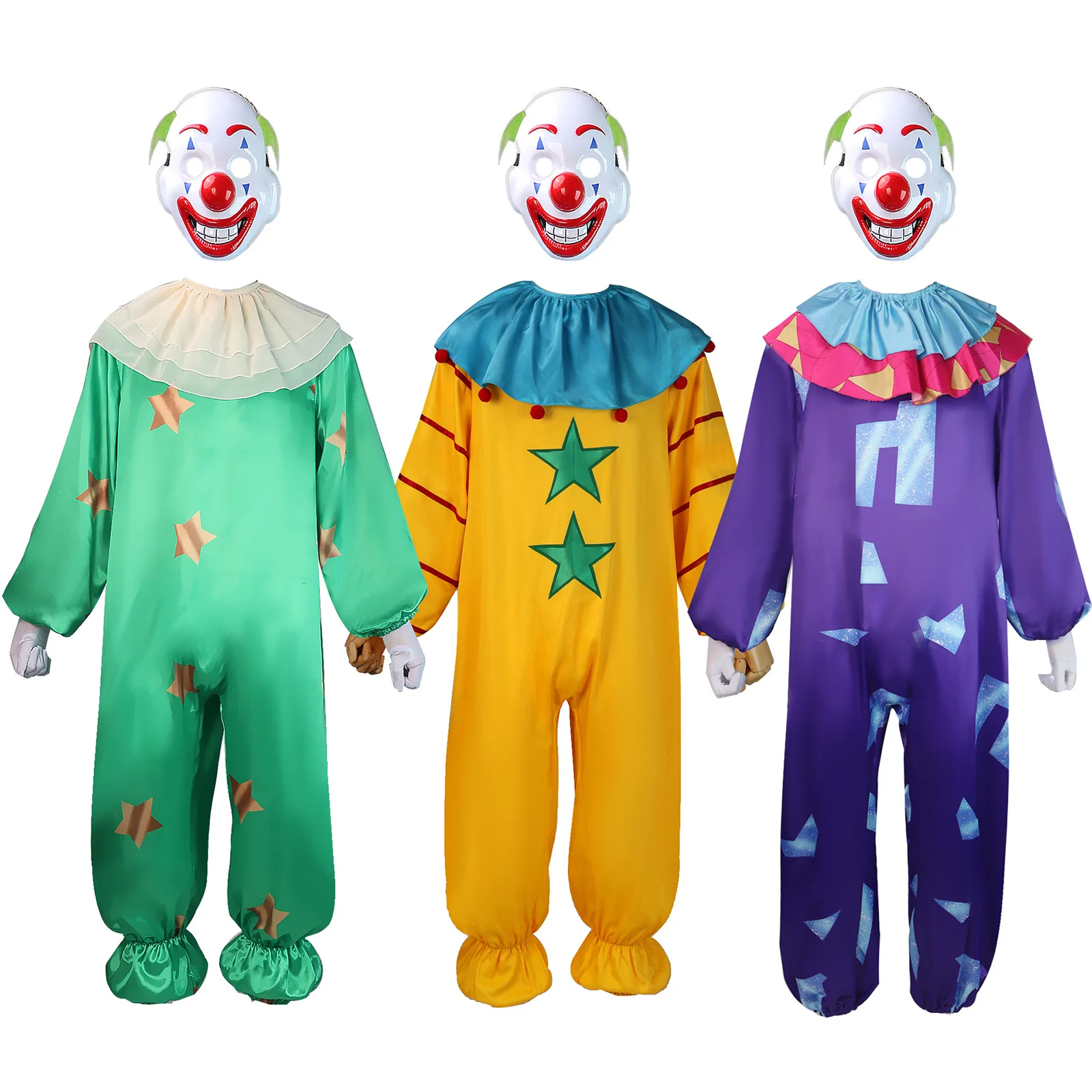 

Halloween Clown Cosplay Costume Jumpsuit with Mask Circus Naughty Fancy Uniform for Adult Kids Carnival Stage Masquerade Suit