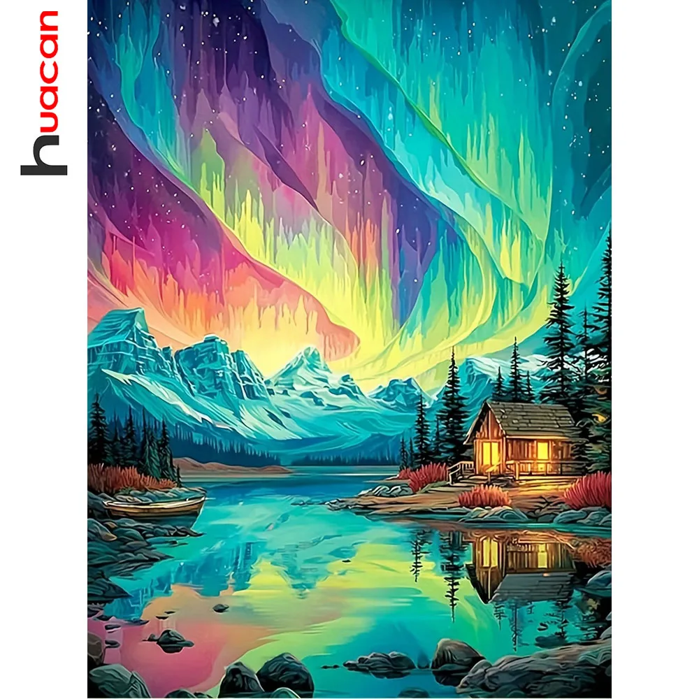Huacan 5D-Diamantgemälde, Aurora Snow Mountain Village, neues handgefertigtes Geschenk, voll quadratisch, rund, Diamant-Mosaik-Dekoration