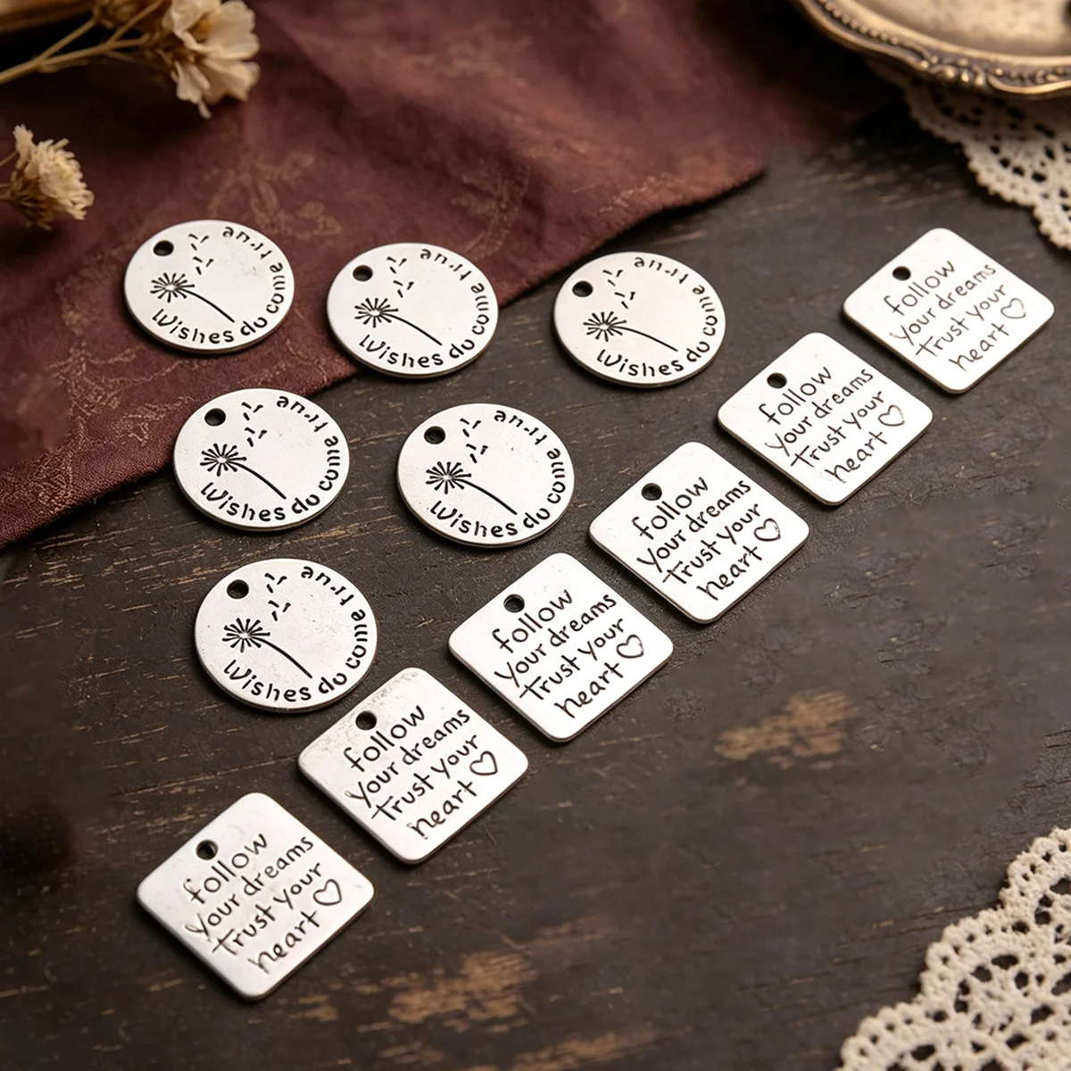 12-Piece Set of English Engraved Round and Square Tags, DIY Handmade Accessories, Featuring Dandelion Round Tags and Inspirational Phrase Square Tags, Suitable for DIY Bracelets, Necklaces, Earrings, Pendants, and Handmade Beaded Decoration Accessories