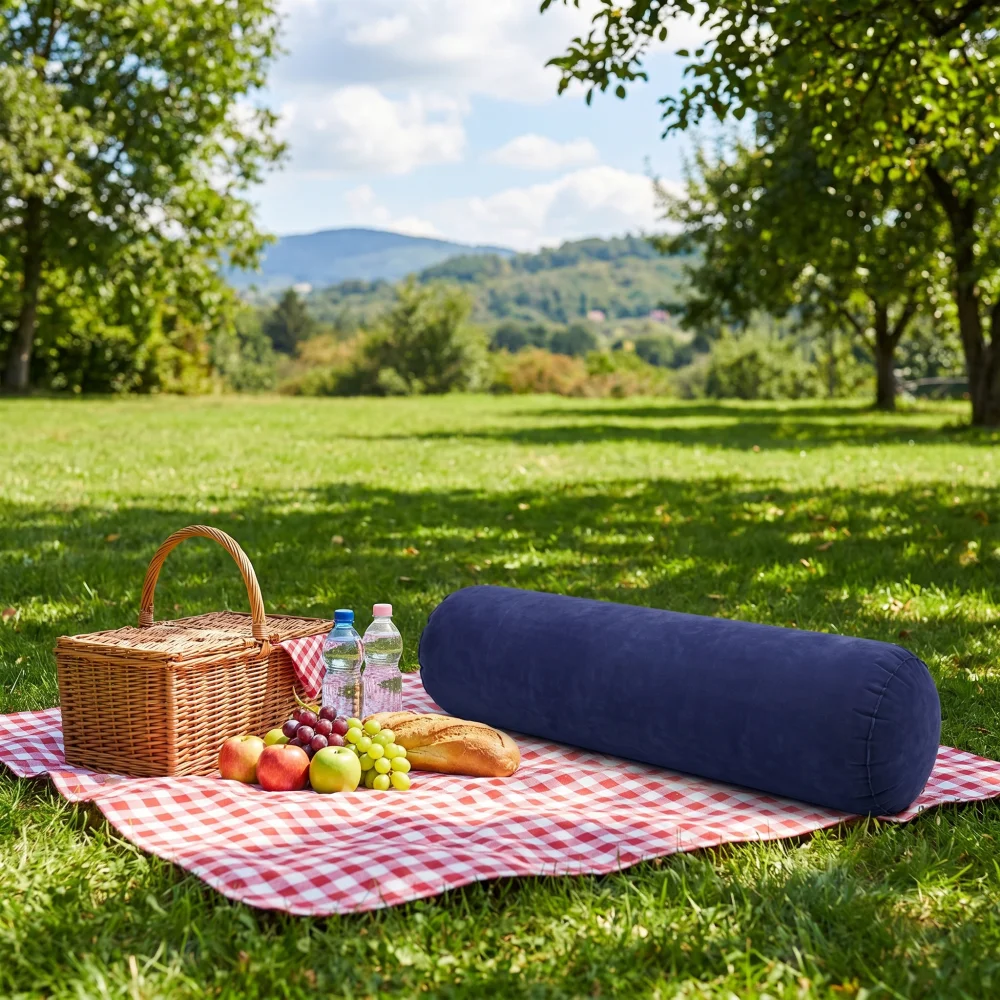 1 Stück Zylindrisches Aufblasbares Campingkissen, Weiches Beflocktes Nackenkissen für Outdoor-Reisen, Tragbares Nacken- und Lendenstützkissen – Detail 4