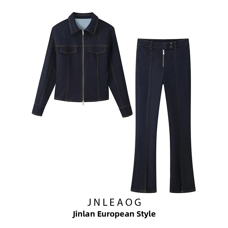 JNLEAOG Damski Dopasowany Żakiet Jeansowy i Jeansy z Średnim Stanem Jesienny Zestaw Modowy Długi Kołnierz w Stylu Europejskim dla Dorosłych