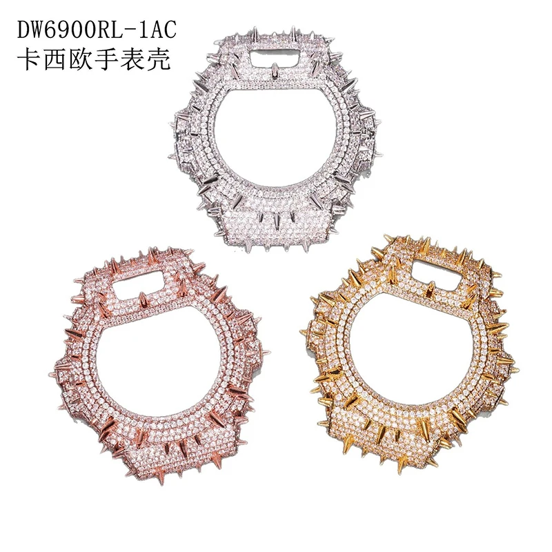 Hip Hop 5A+ CZ Stone Paved Bling Iced Out Thorns Spikes Watch Cases for Men Rapper Jewelry For DW-6900RL Watch Rose Gold Color
