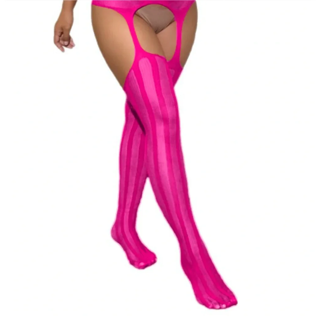 

Women's Striped Pantyhose Hot Pink Sexy Suspender Stockings Plus Size Lingerie Lady Open Crotch garter Fishnet Thigh High Tights