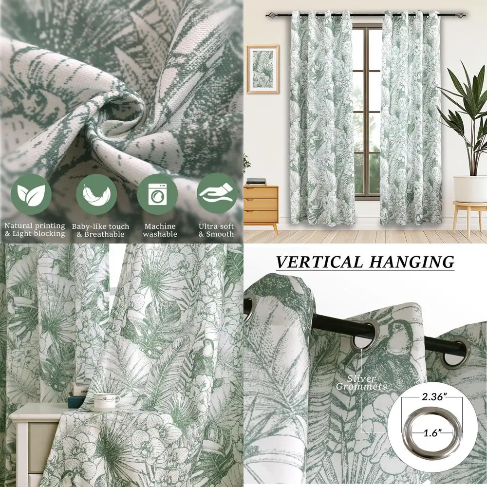 

Светонепроницаемые шторы с узором в виде тропических листьев, с люверсами, 52x84 дюйма, подходят для гостиной и спальни.