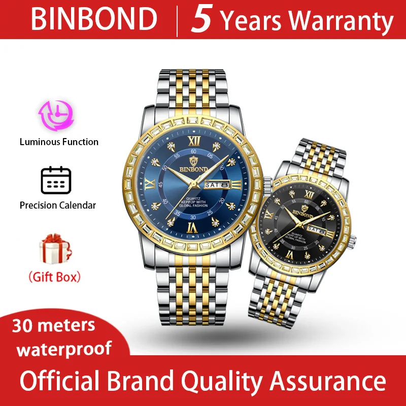 BINBOND Sports Watches Men Waterproof Luminous Week Calendar Watch Man Quartz Movement Stainless Steel Fashion Men Watch