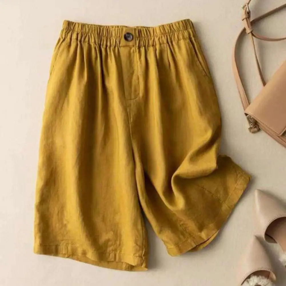 

Women Elastic Waist Shorts High-rise Waist Shorts Retro-inspired Women's Knee Length Pleated Shorts with Elastic for Sports