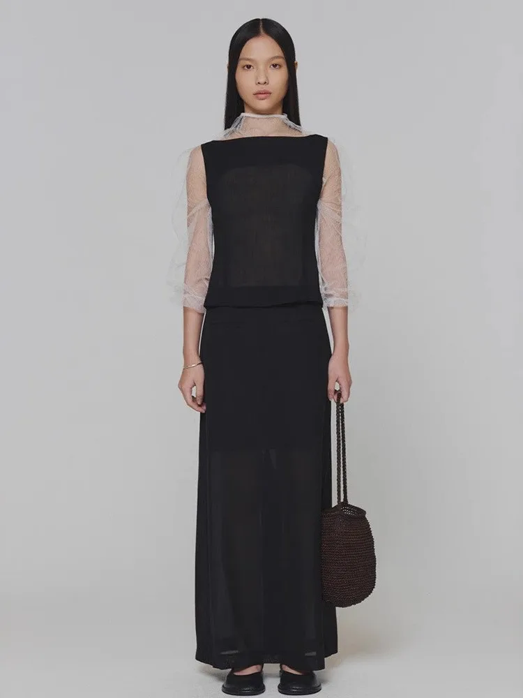 

a Momento High Waist Straight Cut Midi Skirt Women's Pure Color Semi-Transparent Summer New Sle Commute Korean Version