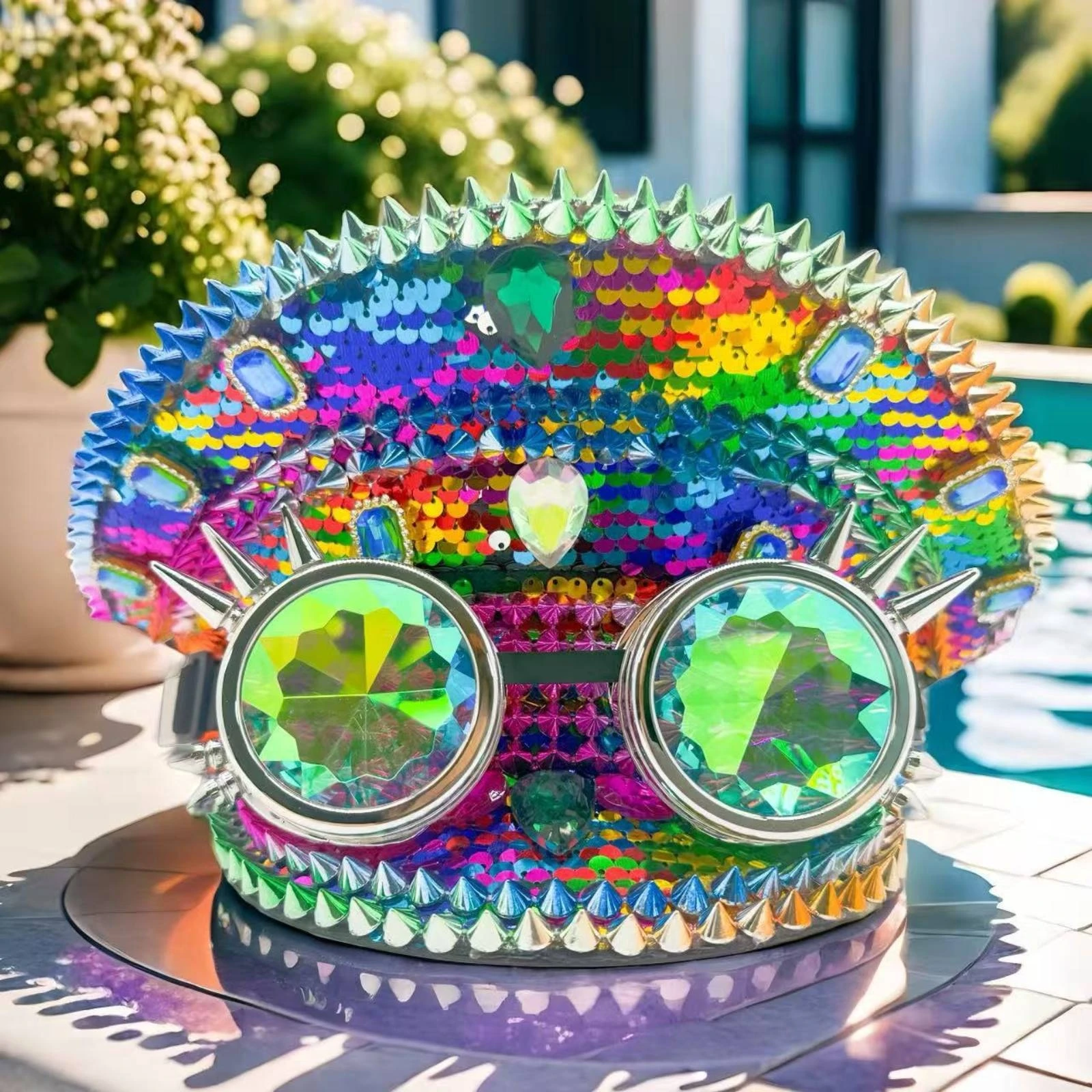 Naval's Hat with Goggles Adjustable Sequin Hat with Goggles Cap Peaked Edgy for Adults, Festivals, Themed Parties