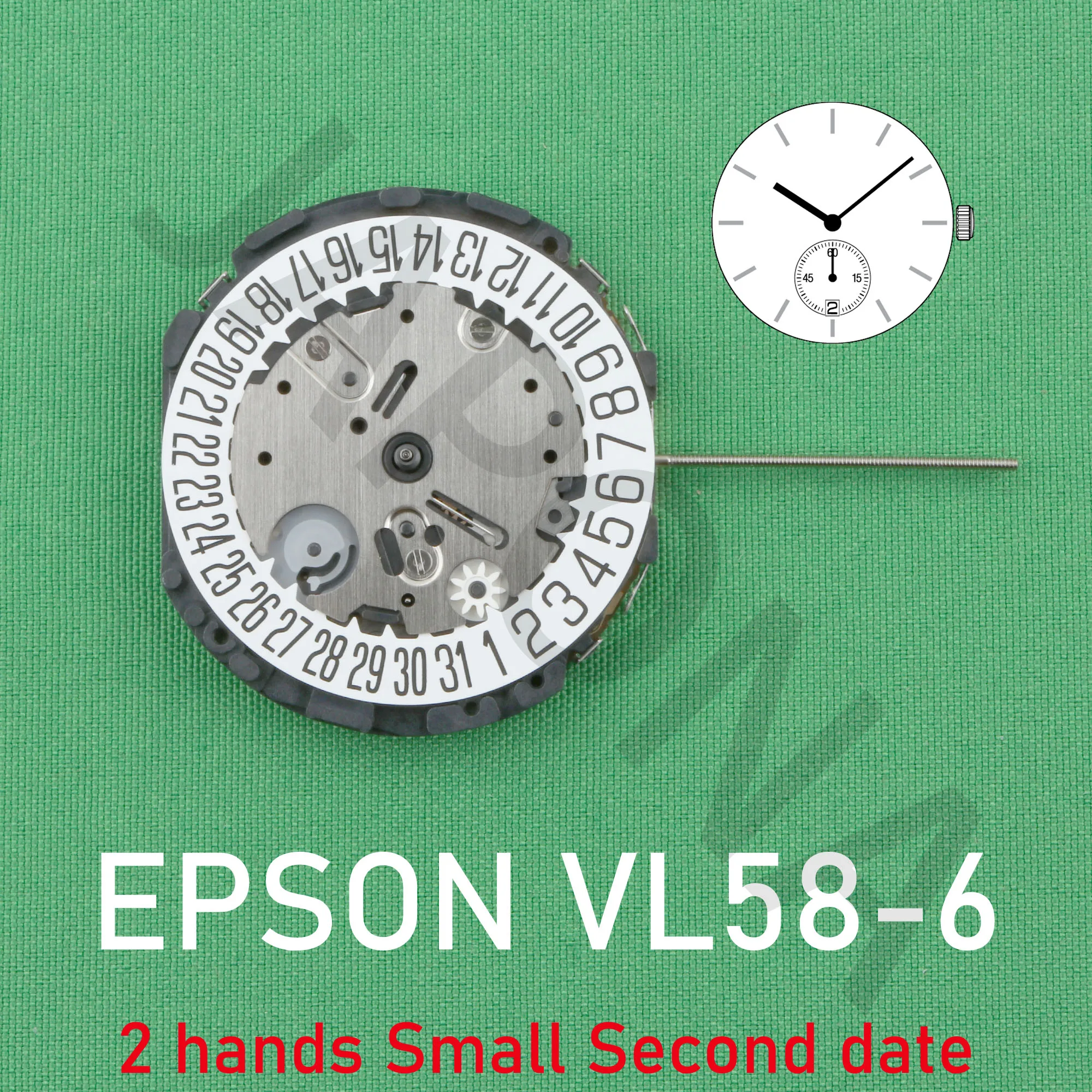 ساعة حركة إبسون VL58 ، VL58A ، 2 يد وصغيرة ، تاريخ ثاني ، حركة العضلات