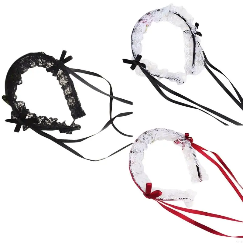 N2UE Gothic Headdress Maid Lace Hair Accessories Cosplay Bow Ribbon Headband