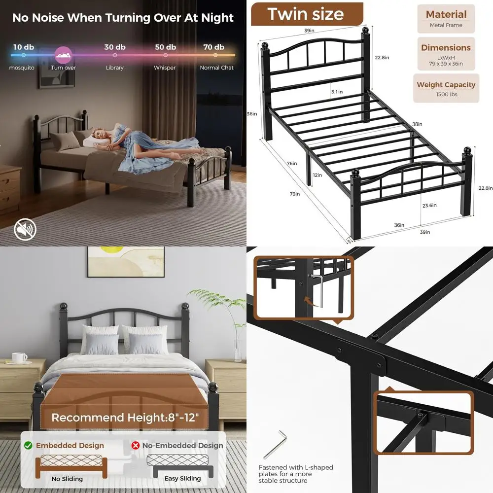 

Heavy Duty Metal Twin Bed with Noise-Free Design and Underbed Storage - No Box Spring or Tools Needed for Assembly