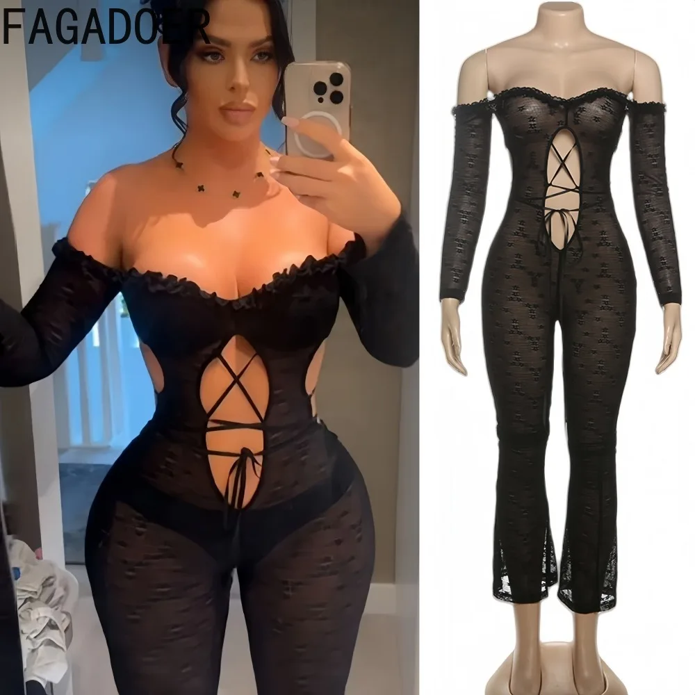 

FAGADOER Sexy Hollow Out Bodycon Jumpsuits Women Off Showlder See Through Long Sleeve Rompers Female Streetwear Overalls New