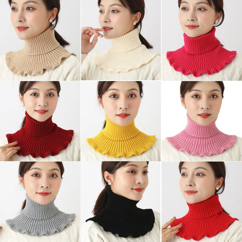 

Women Knitted Fake Collar Scarf with Wooden Ears Turtleneck Warm Knitted False Fake Collar Detachable Scarf Winter Windproof