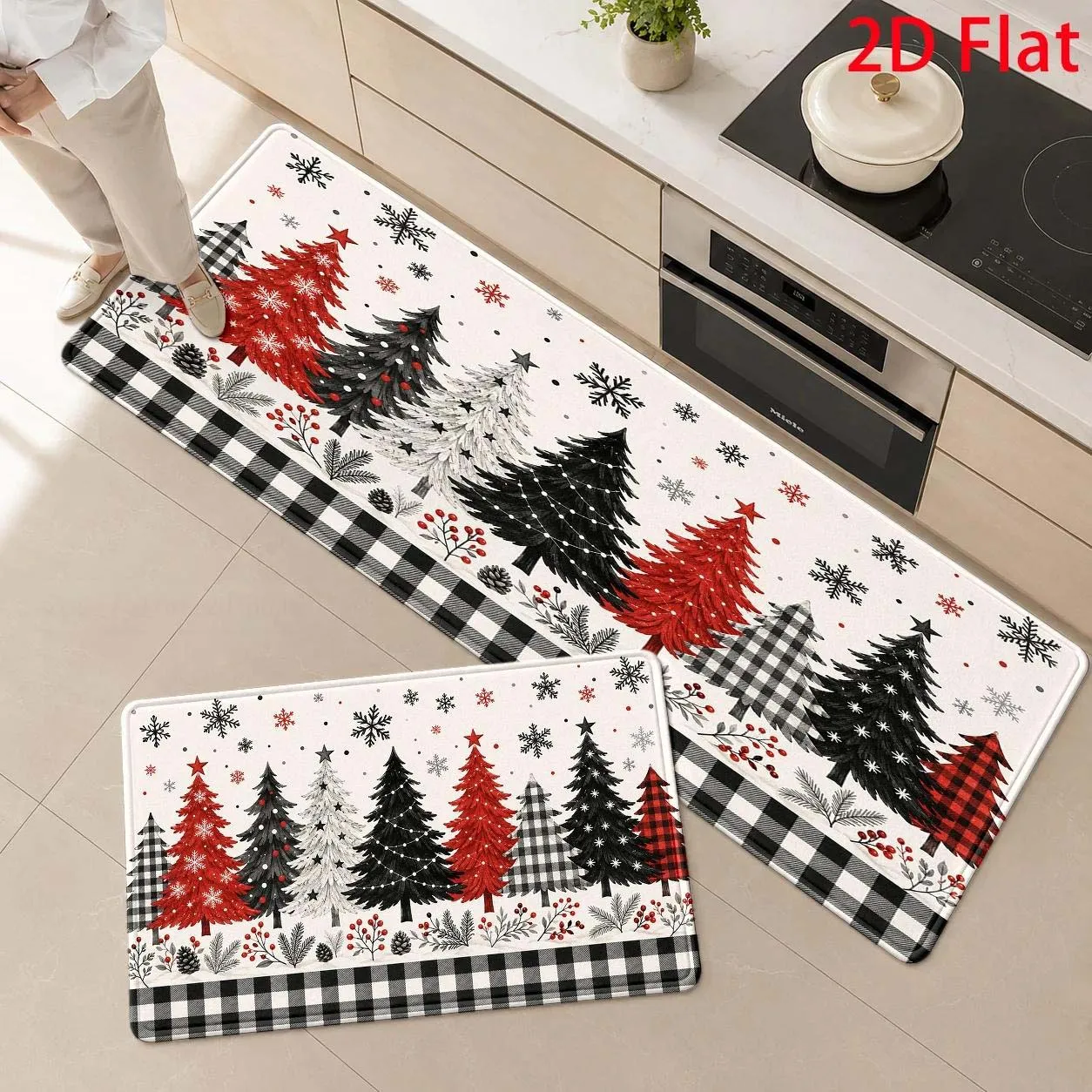Alfombras de pasillo de 1, 2 o 3 piezas, juego de alfombras blancas con diseño de árbol de Navidad y cuadros Buffalo Plaid para cocina, dormitorio, lavadero, pasillo, o como felpudo de puerta.