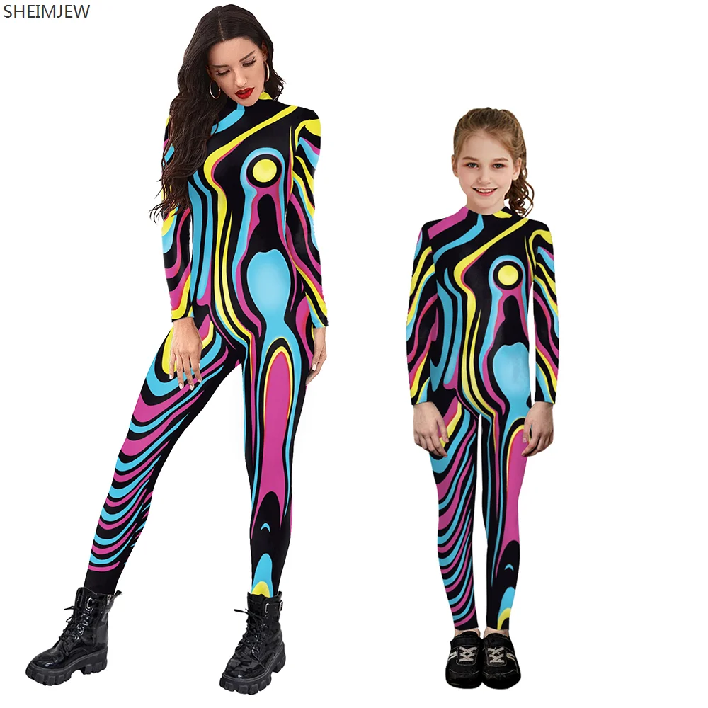 Eltern-Kind Langarm sexy Overall passend Bodysuit 3d gedruckt Karneval Party Cosplay Zentai Anzug Muskel Rave Outfits