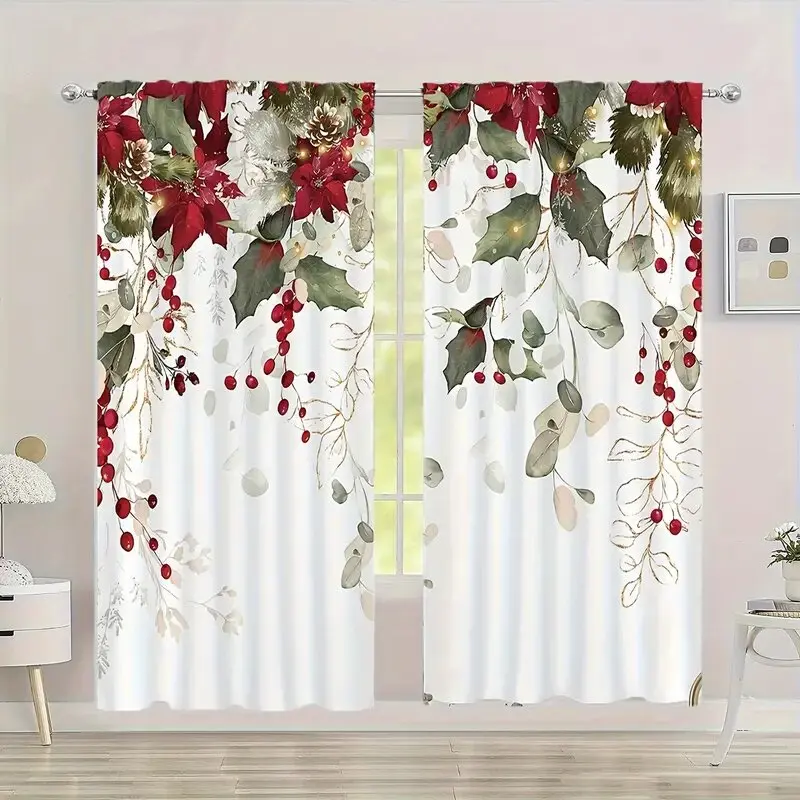 

2pcs- Christmas red flower leaf - pole bag curtains, bedroom and living room decoration, home decoration, Christmas decoration